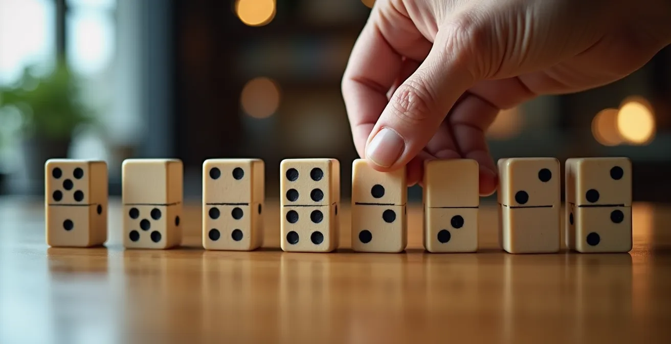 Main plaçant des dominos représentant les étapes successives du processus