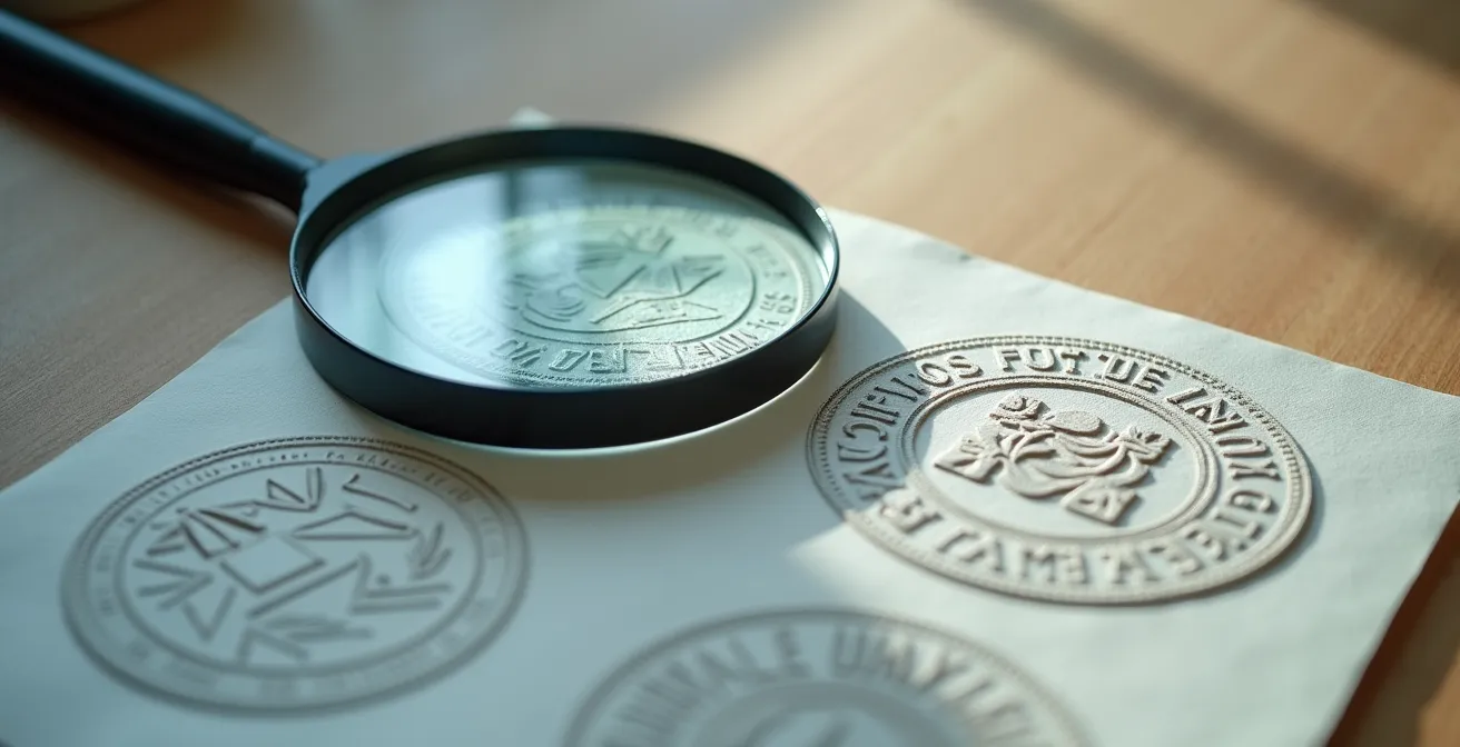 Loupe examinant des documents avec tampons officiels